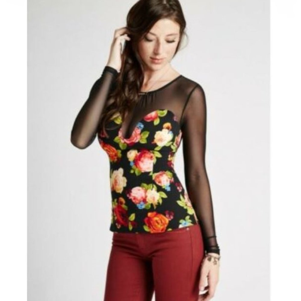 (NEW) GUESS floral long sleeve top w mesh detail